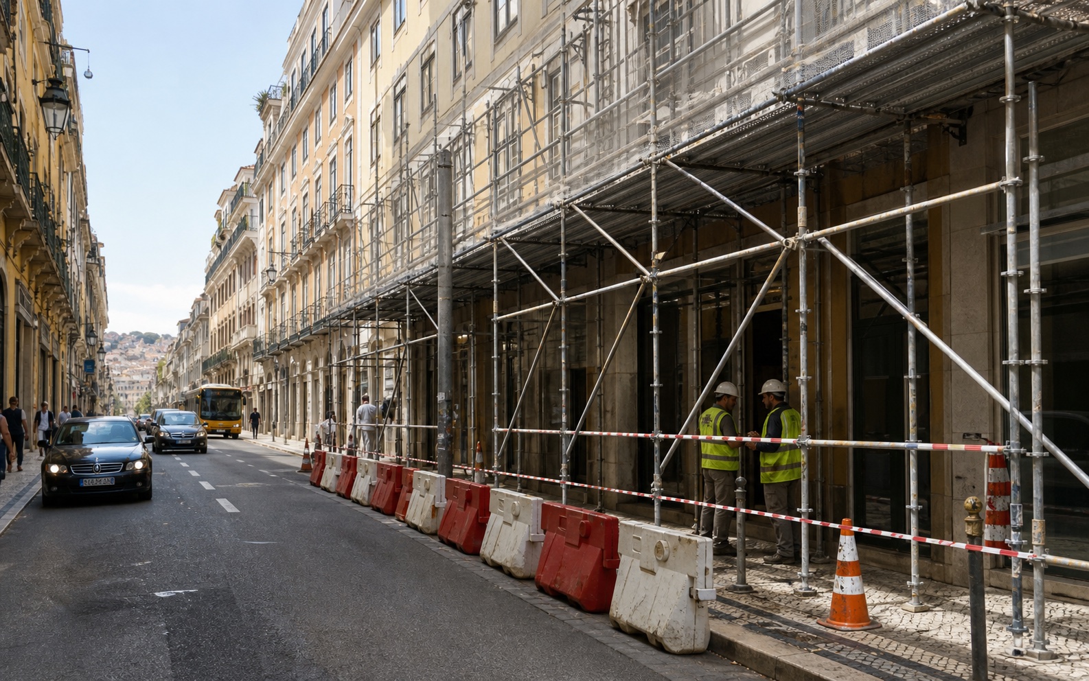 Área de obra urbana organizada com andaime, barreiras e cones